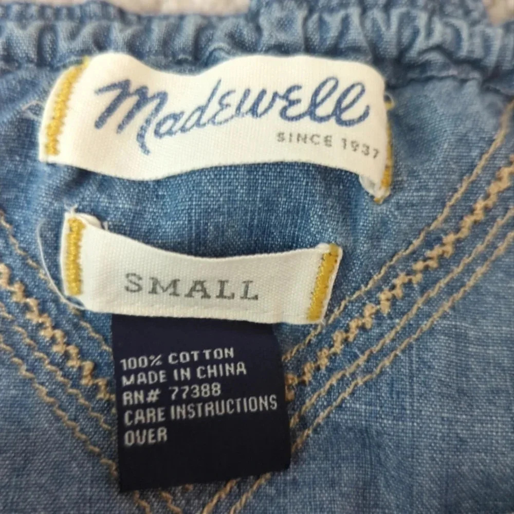 Madewell Blue Denim Chambray Embroidered Tie Neck Blouse Top Size S Boho - Picture 5 of 8